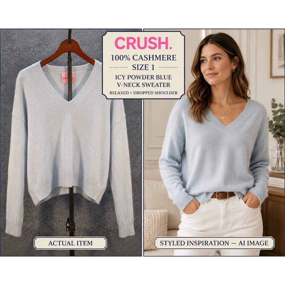 Crush Cashmere V-Neck Sweater Women Relaxed Dropped Shoulder Blue 1 Excellent